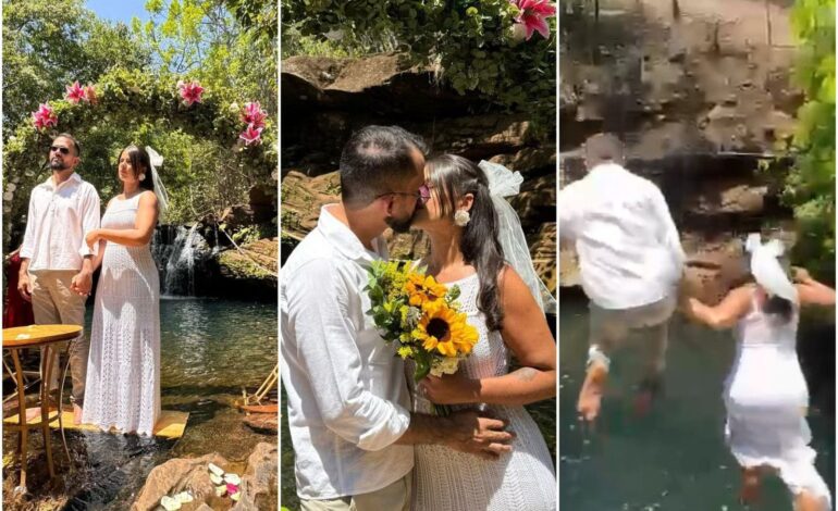 noivos-aventureiros-usam-cachoeira-como-cenario-de-casamento-e-terminam-cerimonia-com-mergulho: