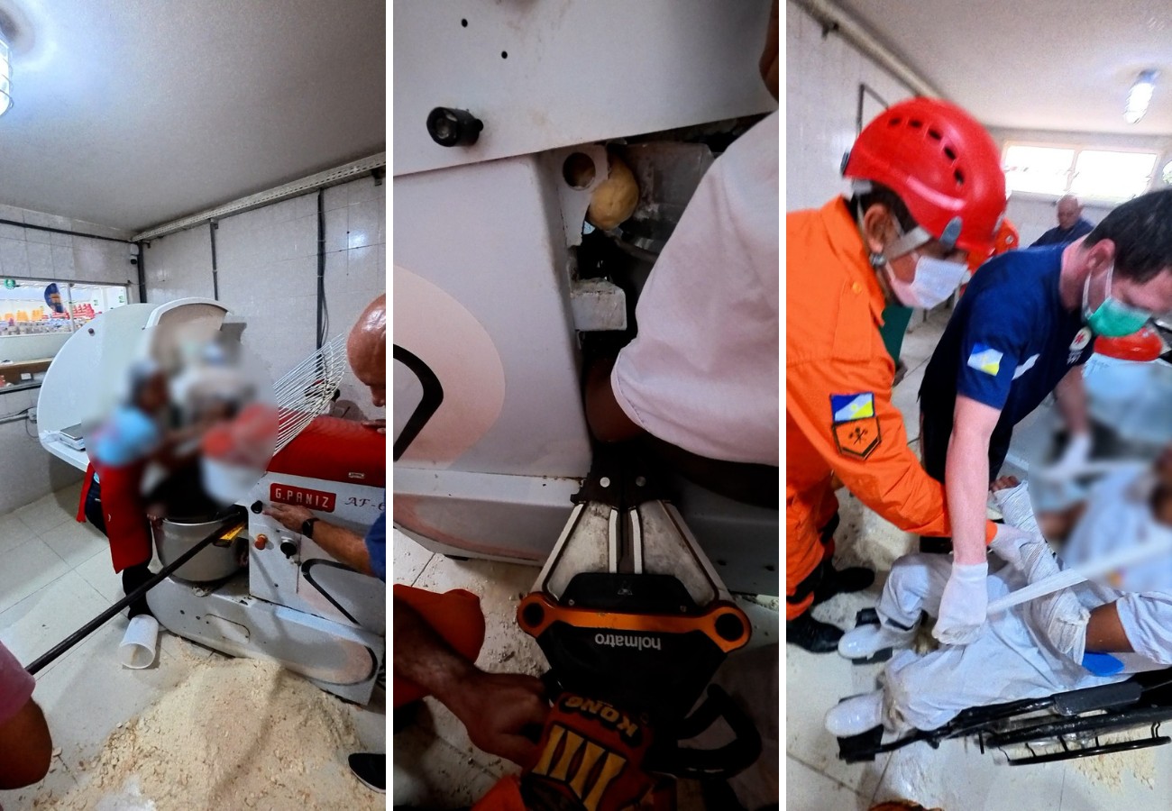 Vídeo mostra resgate de padeiro que ficou com braço preso em batedeira | G1