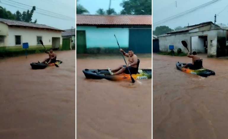morador-usa-caiaque-para-percorrer-rua-depois-de-chuva-no-tocantins-|-g1