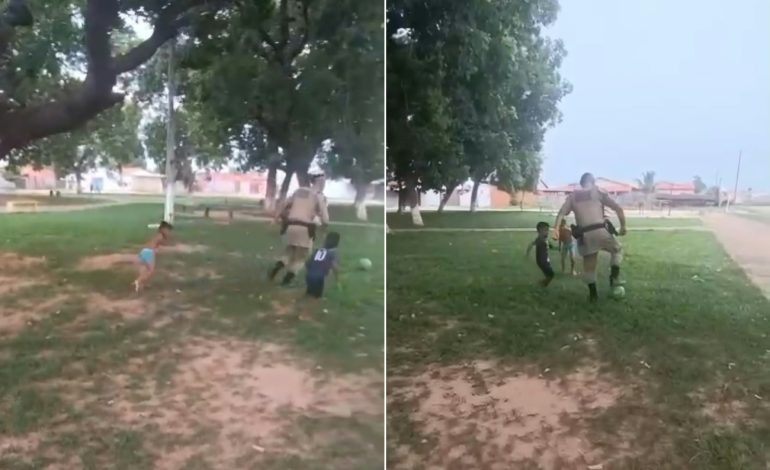 Comandante da PM joga futebol com crianças durante patrulhamento no TO | G1